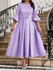 Fleurora 大码女装紫色圆领喇叭袖优雅连衣裙，适合秋冬季优雅派对、婚礼、鸡尾酒会、圣诞节等场合；粉色系带喇叭袖A字连衣裙；大码套装；返校节礼服；生日礼服；秋季女装；教师装；圣诞节缎面连衣裙；婚礼宾客礼服；端庄连衣裙；碎花中长连衣裙；母亲节 - 紫色 - 查看 3