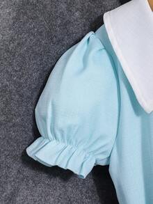 SHEIN Girls Back To School Summer Elegant Pleated Dress Tween Textured Fabric Hem Midi Length Flowy Fabric - Blue - View 6