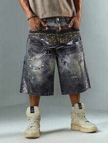 ROMWE MEN Street Life Men's Digital Print Faux Multi-Waistband Denim Shorts - Blue - View 1