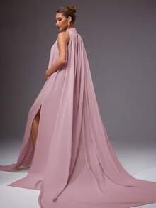 MaterniChic Elegant Solid Color High Slit Flowy Maternity Dress - Dusty Pink - View 2