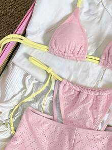 Bonvoyette Bộ đồ bơi nữ 3 món màu vàng, vải, màu xanh dương, kiểu buộc dây bên hông, cổ yếm. - Hồng - Xem 7