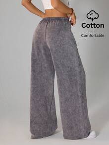 SHEIN PETITE 浅灰色女士休闲低腰直筒运动裤，适合夏季穿着，水洗雪花效果 - 淺灰色 - 查看 2