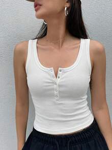 Dazy Star Áo tank top nữ màu trơn, cài cúc nửa thân, kiểu dáng thường ngày, chất liệu gân sọc. - trắng - Xem 3