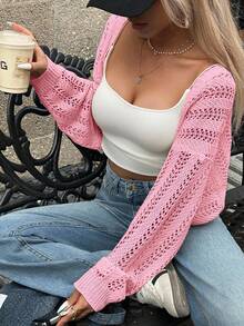 Batwing Sleeve Hollow Out Lightweight Knit Cardigan - Pink - View 2