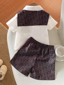 SHEIN 0-3岁男婴印花披肩、短袖衬衫和松紧腰字母印花短裤套装，适合所有季节、短途旅行、度假、外出、休闲、日常居家穿着、叠穿，适合3个月至24个月的男婴服装 - 彩色 - 查看 2