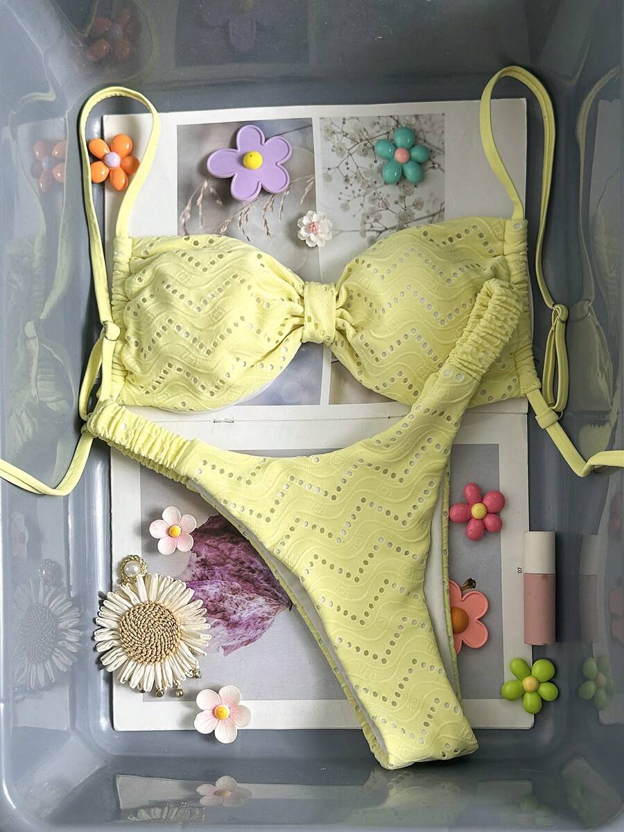 Swim Mod Women's Jacquard Fabric Spaghetti Strap Bikini Set, Suitable For Spring/Summer Vacation - Yellow - View 1