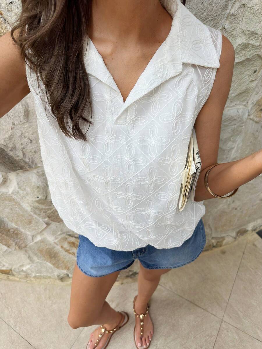 SHEIN Frenchy Women's Floral Textured Casual Sleeveless Loose Shirt,French Summer White Hollow Embroidery Collar Sleeveless Blouse, Loose Versatile Collar Design, Essential For Casual, Commute, And Vacation,Summer Top,Beach Outfits,Casual Blouses For Women,Vacation Outfits Women,Work Tops For Women,Peplum Top,White Blouse Beach Outfit For Women Conservative Top Summer Blouse For Women Summer Casual Outfits For Women Polo Blouse For Women Casual - Beige - View 1