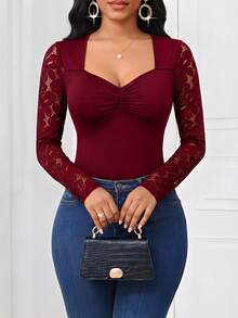 SHEIN Lady Women's Lace Patchwork Ruffle Fitted Casual Long Sleeve T-Shirt - Burgundy - View 6