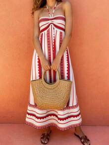 Vaclyn Women's Casual Geometric Print Halter Neck Vacation Dress - Red - View 4