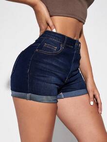 SHEIN Essnce Women's Casual Everyday Pocketed Button Denim Shorts - Dark Wash - View 3