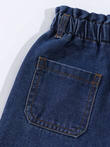 SHEIN Genkimix Kids 2026夏季新款深蓝色牛仔高腰弹力阔腿裤宽松直筒休闲长裤美式复古日系高街重磅牛仔修身百搭日常穿着度假音乐节牛仔裤儿童阔腿裤女童牛仔裤幼儿牛仔裤阔腿牛仔裤 - 深色水洗藍 - 查看 4