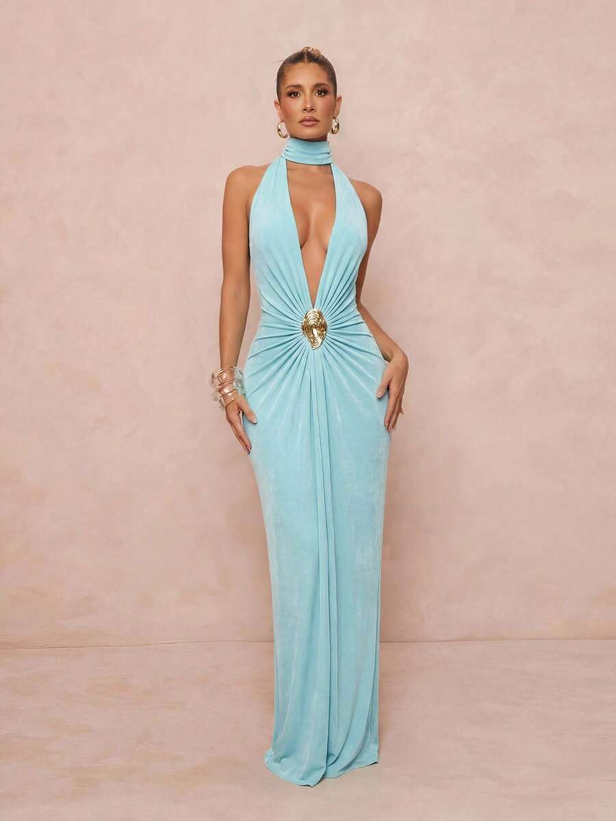 Lumalex 女士优雅性感立领金属扣装饰无袖修身喇叭连衣裙，春夏款