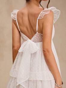 SHEIN BAE Đầm ngắn màu trắng trơn cổ chữ M xếp ly nhiều tầng hở lưng thắt nơ, thích hợp cho mùa xuân/hè, đầm trắng, đầm đi học, đầm dự đám cưới, đầm sinh nhật. - trắng - Xem 5