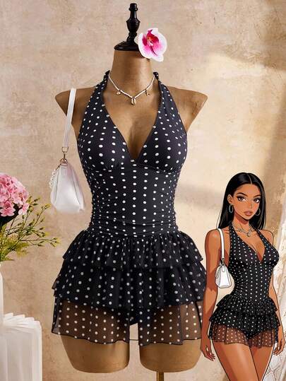 Bellisia Black Background White Dot Print Halter Tie Deep V-Neck Backless Design 3-Tier Ruffle Hem Printed Chiffon Beach Vacation Pool Party Cute Swimsuit Skirt For Women