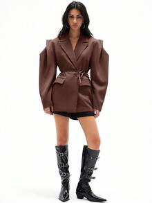 Aveloria GENKIRA Loose Fit Casual Commuter Versatile Extra Wide Shoulder Silhouette Drawstring Decor Solid Color Blazer - Rusty Rose - View 6