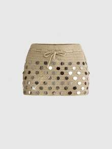 ROMWE Knitted Sexy Vacation Style Sequin Outfit For Party & Music Festival - Khaki - View 8