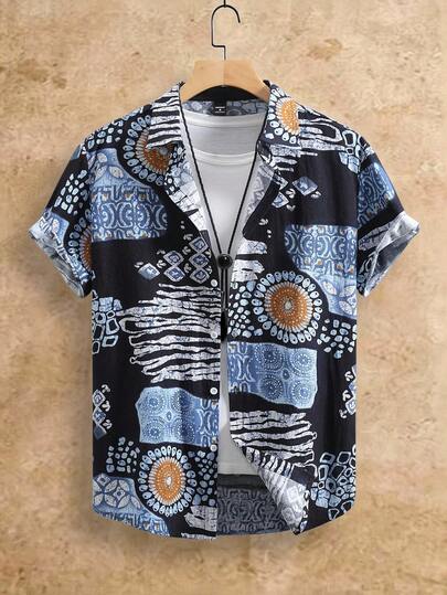Genlund Men's Print Short Sleeve Shirt Dark Blue Button Up Hawaiian Shirt Men African Men Shirt Men's Hawaiian Print Shirts Boho Men Shirt Abstract Men Summer Shirt Old Money,Daily Leisure, Weekend Trips, Outdoor Activities, Travel Expeditions, Relaxed Work Environments Or Semi-Formal Occasions, Boyfriend/Husband Gift, Anniversary /Birthday Gift Party Summer Vacation Holiday,Beach Clothes Hawaiian Wedding,Spring To Summer