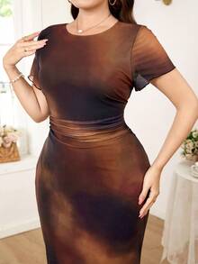 Ellevyn Plus Size Elegant Tie-Dye Print Fitted Dress, Summer - Multicolor - View 4