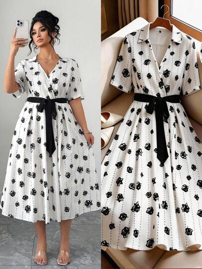Elenzga Plus Size Women's Elegant Floral Print V-Neck Short Sleeve Contrast Color Belt Vacation Dress
