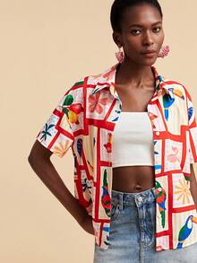 Travachic 波西米亚热带花卉印花女式衬衫 - 紅色 - 查看 3