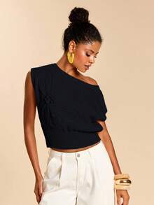 Travachic 女士休闲纯色印花露肩针织上衣，夏季 - 黑色 - 查看 5