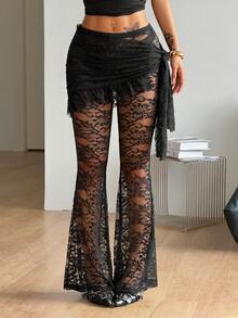 Coolane Women's Spring/Summer Concert Outfit Streetwear Y2K Casual Party Vacation Outfits Sexy Stretchy Lace Straps Bustier Low Rise Bell Bottoms - Black - View 3