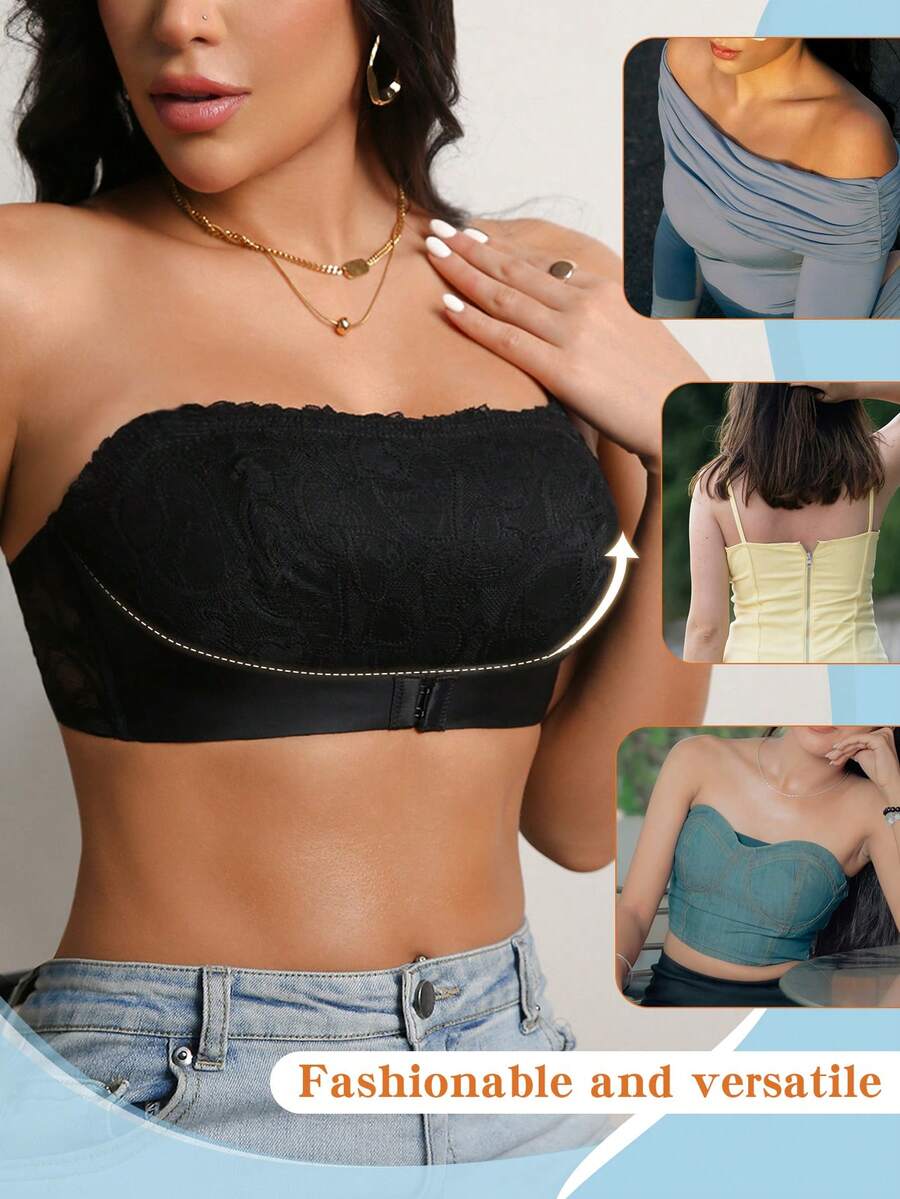 1pc Women's Lace Wireless Bralette, Sexy Thin Padded Front Closure Lift Up Bra - Black - View 1