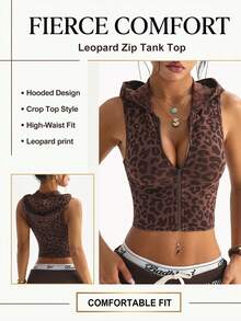 Dewbera Seamless Ribbed High Elasticity Leopard Jacquard Fitness Casual Daily Running Sports Hooded Jacket - Brown - View 1