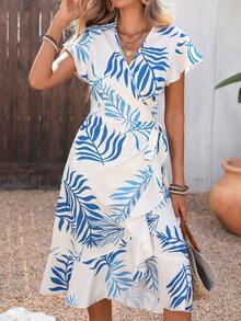 SHEIN Holidaya Vestido de mujer con cuello en V, manga corta, volantes en el bajo y bajo asimétrico con estampado (estampado asimétrico) - Azul y blanco - Ver 7