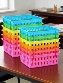 6 Buah Keranjang Penyimpanan Plastik Kecil Berwarna-warni Serbaguna untuk Kelas, Tempat Pensil, Kotak Krayon, Wadah Pengatur Meja untuk Perlengkapan Sekolah di Rumah, Kantor, Perlengkapan Kembali ke Sekolah, Dapat Ditumpuk, Wadah Pengorganisasian Serbaguna - MultiWarna - View 1