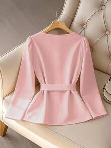 GlowEve CURVE Rhinestone Embellished Square Collar Cute Bow Plus Size Blouse - Dusty Pink - View 2