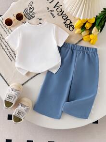 Genkimix Kids 两件套女童针织圆领亮片樱桃印花T恤搭配针织蝴蝶结腰带裤，运动时尚休闲套装 - 白色 - 查看 2