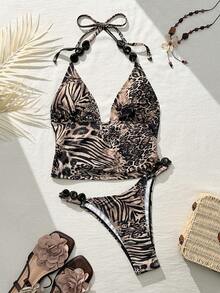 Bonvoyette Shapewave-D 女士豹纹斑马纹撞色塑形吊带比基尼上衣+高开衩泳裤，串珠点缀，可调节交叉后背带，狂野印花设计，性感修身凸显曲线，沙滩度假泳装套装 - 彩色 - 查看 3