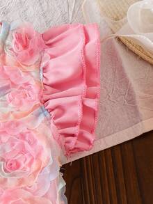 SHEIN 2pcs Baby Girl Pink Summer Cute 2nd Birthday Outfit,3D Rose Flower Tulle Ruffle Flutter Sleeve Button Tops And Skirts Set For Party Easter Birthday - Pink - View 4