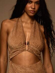 MUSERA Textured Halterneck Cut Out Straight Fit Maxi Dress Spring Summer Elegant Vacation Holiday Ibiza Club Occasion Sexy Evening Wedding Guest Sunset Kiss - Camel - View 2