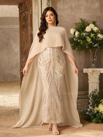 Aureia Đầm dạ hội dáng đuôi cá sang trọng, cỡ lớn, màu vàng mơ, thêu sequin, có thể tháo rời khăn choàng, kiểu dáng thanh lịch.