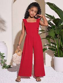 Tween Girl Casual Red Textured Jumpsuit - Red - View 5