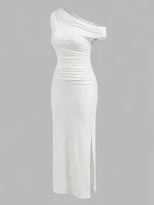 SHEIN Girlism Đầm dệt kim màu trắng cho bé gái tuổi teen, kiểu dáng tối giản, thanh lịch, ôm sát, vai lệch, xếp ly eo, thích hợp cho ngày Valentine. - trắng - Xem 5