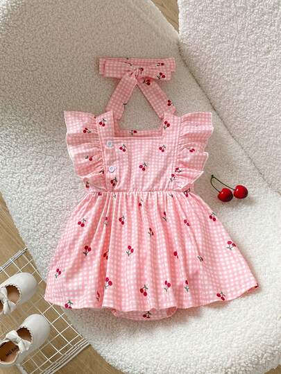 Playful Pals 1pc Newborn Baby Girls' Ruffled Collar Snap Button Flare Sleeve Pink Plaid Cherry Print Cute Casual Romper With Open Crotch And Headband, Suitable For Summer Outings, Travel, Vacation, Photography And Other Occasions