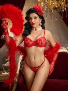 1pc Women's Red Embroidered Bow Sexy Bra - Red - View 4