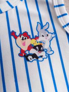 LOONEY TUNES X SHEIN Áo liền quần cổ tròn in hình hoạt hình và sọc cho bé trai - trắng - Xem 4