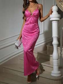 BELROSIE Women's Ruffled V-Neck Hollow-Out Long Spaghetti Strap Party Dress Holiday Party Birthday Formal Occassion Dress  - Hot Pink - View 3