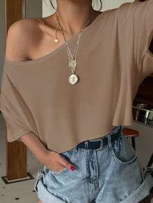 SHEIN EZwear 咖啡棕色针织宽松露肩超大款T恤，女士露肩T恤，休闲服饰，浅棕色上衣，宽松上衣，休闲夏季上衣，女士休闲装，女士夏季服装，女士夏季上衣 - 咖啡棕 - 查看 3