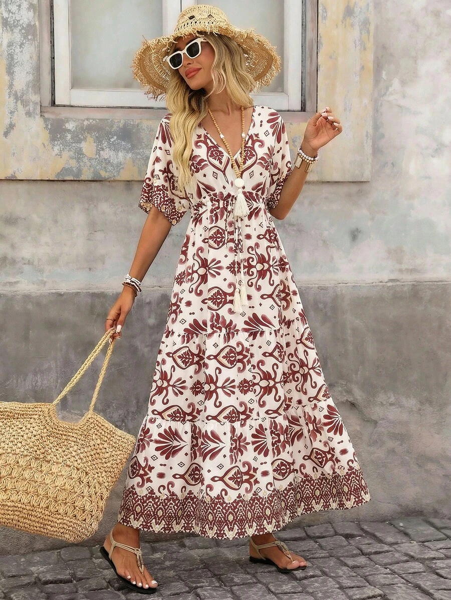 Brillora 女士优雅浪漫度假印花连衣裙，春夏款 - 巧克力棕 - 查看 1