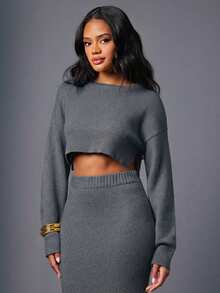 Hauture Áo len dài tay cổ tròn, dáng ngắn, xẻ tà, đơn giản, gợi cảm, thường ngày. - Xám - Xem 3