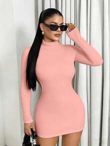 SHEIN Unity 新款秋季简约复古修身性感露背迷你连衣裙（女款） - 藕粉色 - 查看 4