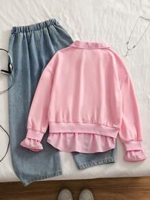 SHEIN 2pcs/Set Girls' Casual Striped Patchwork Lapel Fresh Commuting Style Denim Pants Outfit, Suitable For Outdoor And Daily Wear - Pink - View 2