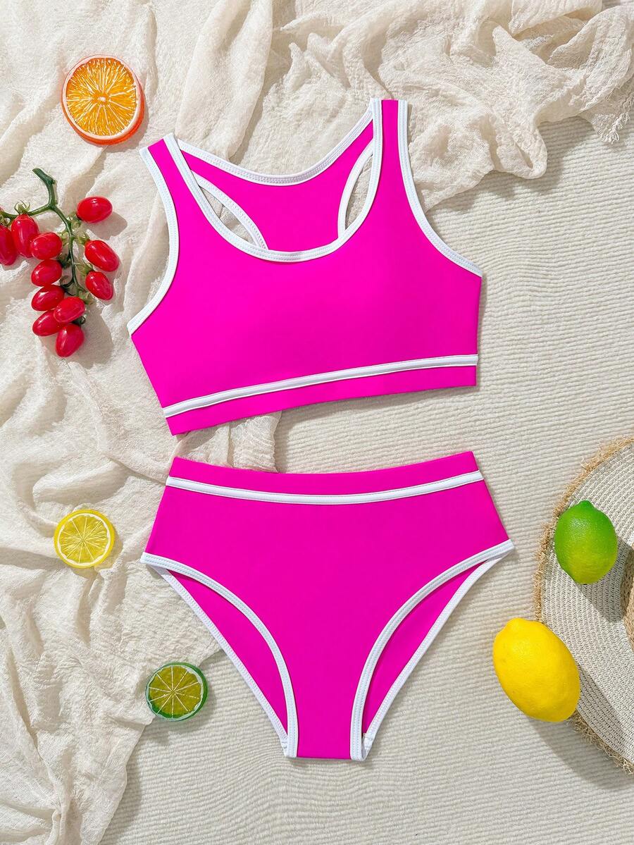 SHEIN Tween Girl Contrast Trim Tankini Top And Triangle Bottoms Swimsuit Set, Suitable For Summer Vacation And Beach - Hot Pink - View 1