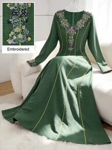Al Najma Embroidered Lace Patchwork Elegant Modest Long Sleeve Dress - Green - View 5