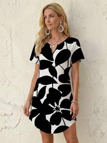 SHEIN LUNE Đầm ngắn dệt kim cổ chữ V tối giản, phong cách thường ngày dành cho nữ, thích hợp cho kỳ nghỉ xuân/hè, kiểu dáng thanh lịch, thoải mái. - Nhiều màu - Xem 3